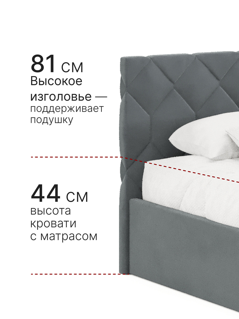 Кровать Техас двуспальная 160х200 с подъемным механизмом и ящиком для белья, велюр темно-серый темно-серый