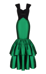 Платье макси из органзы в горох с объемной юбкой с рюшами и поясом