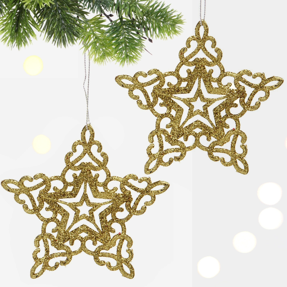 Подвески в блестках «Звездочки кружевные» 10 см (набор 2шт), золото