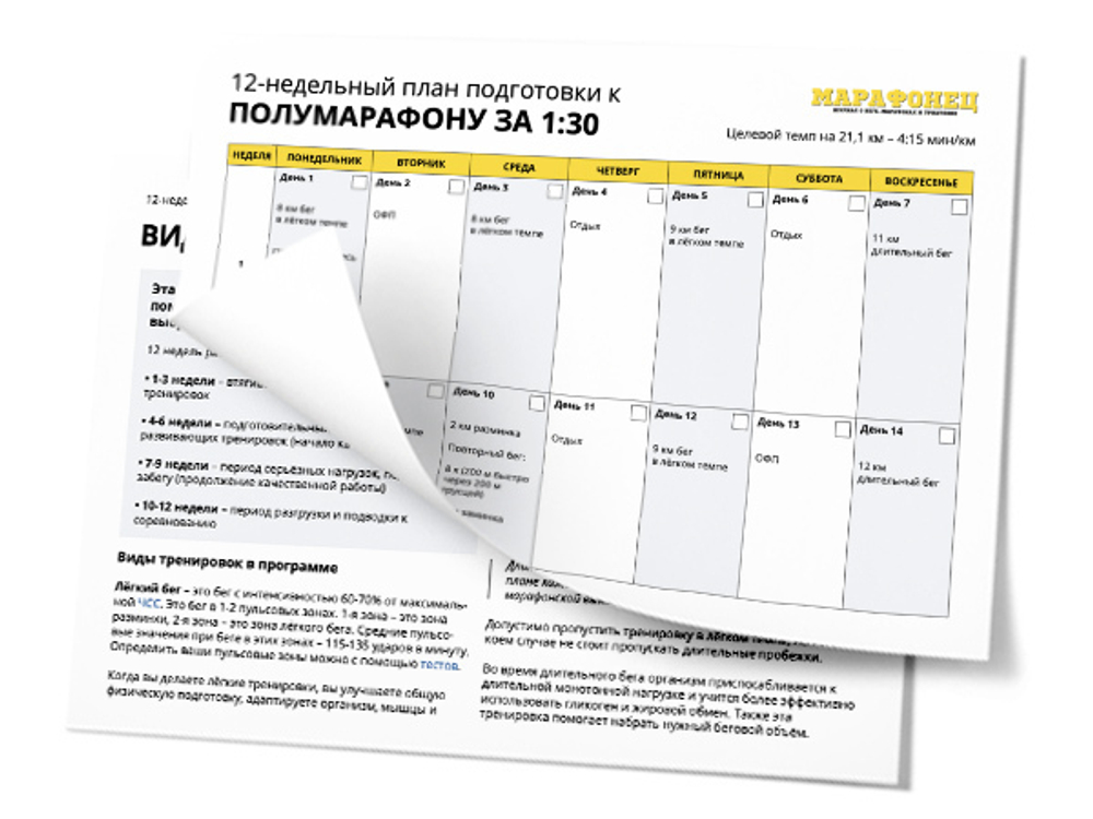 12-недельный план подготовки к полумарафону на 1:30