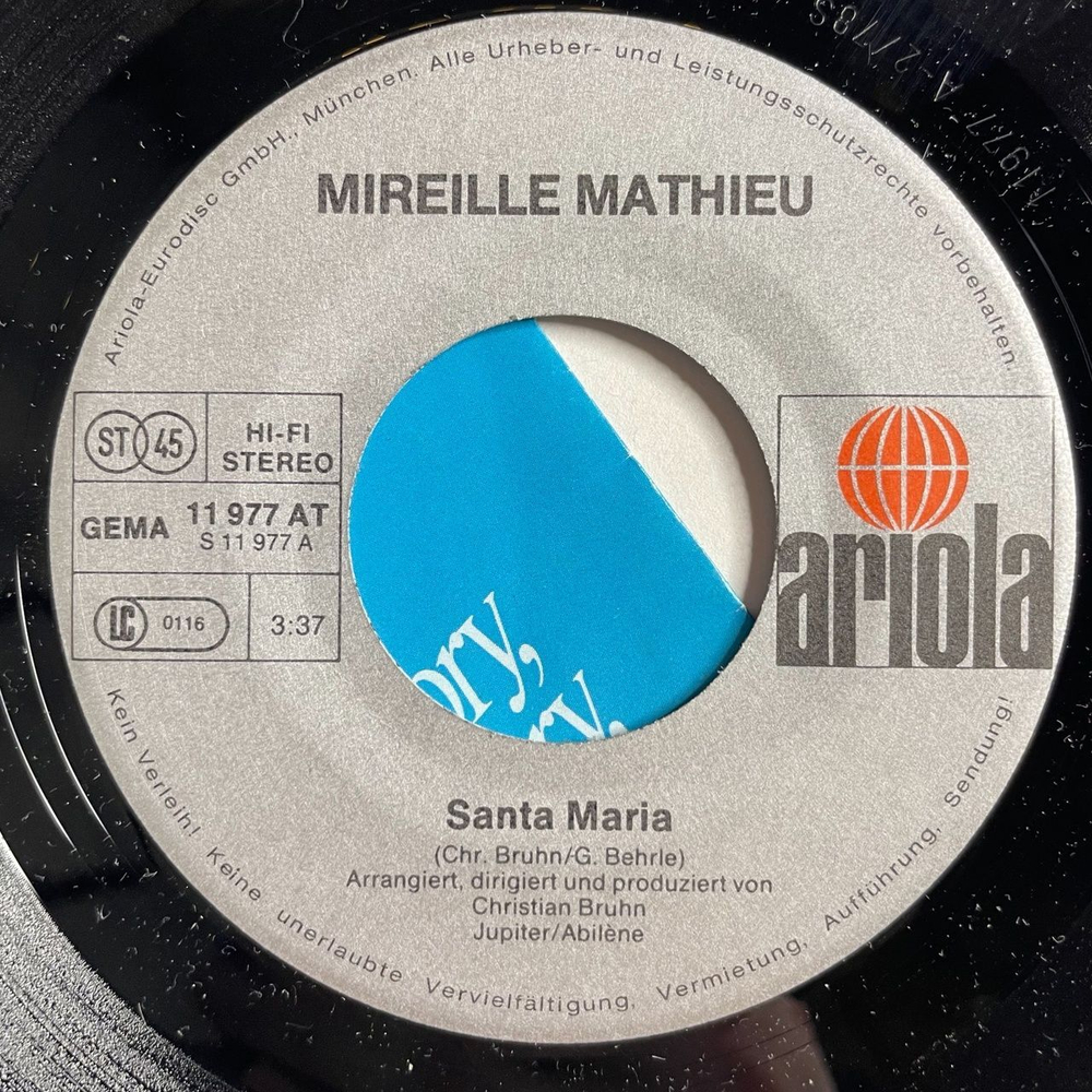 Винтажная виниловая пластинка LP Mireille Mathieu Santa Maria (Germany 1978) 7 дюймов, 45 RPM, Single