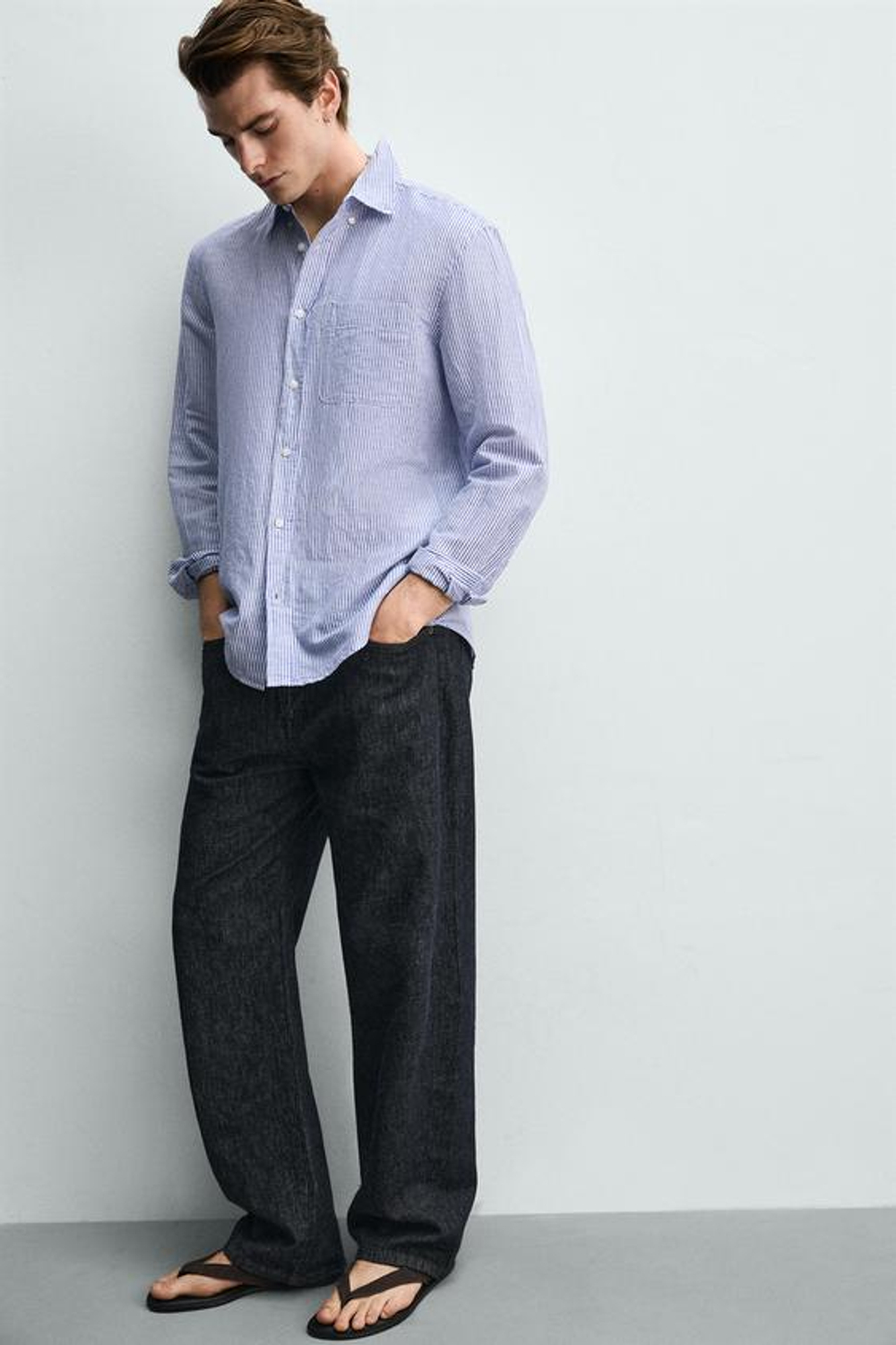 ZARА РУБАШКА REGULAR FIT ИЗ ЛЬНА И ХЛОПКА, БЕЛЫЙ/НЕБЕСНО-ГОЛУБОЙ