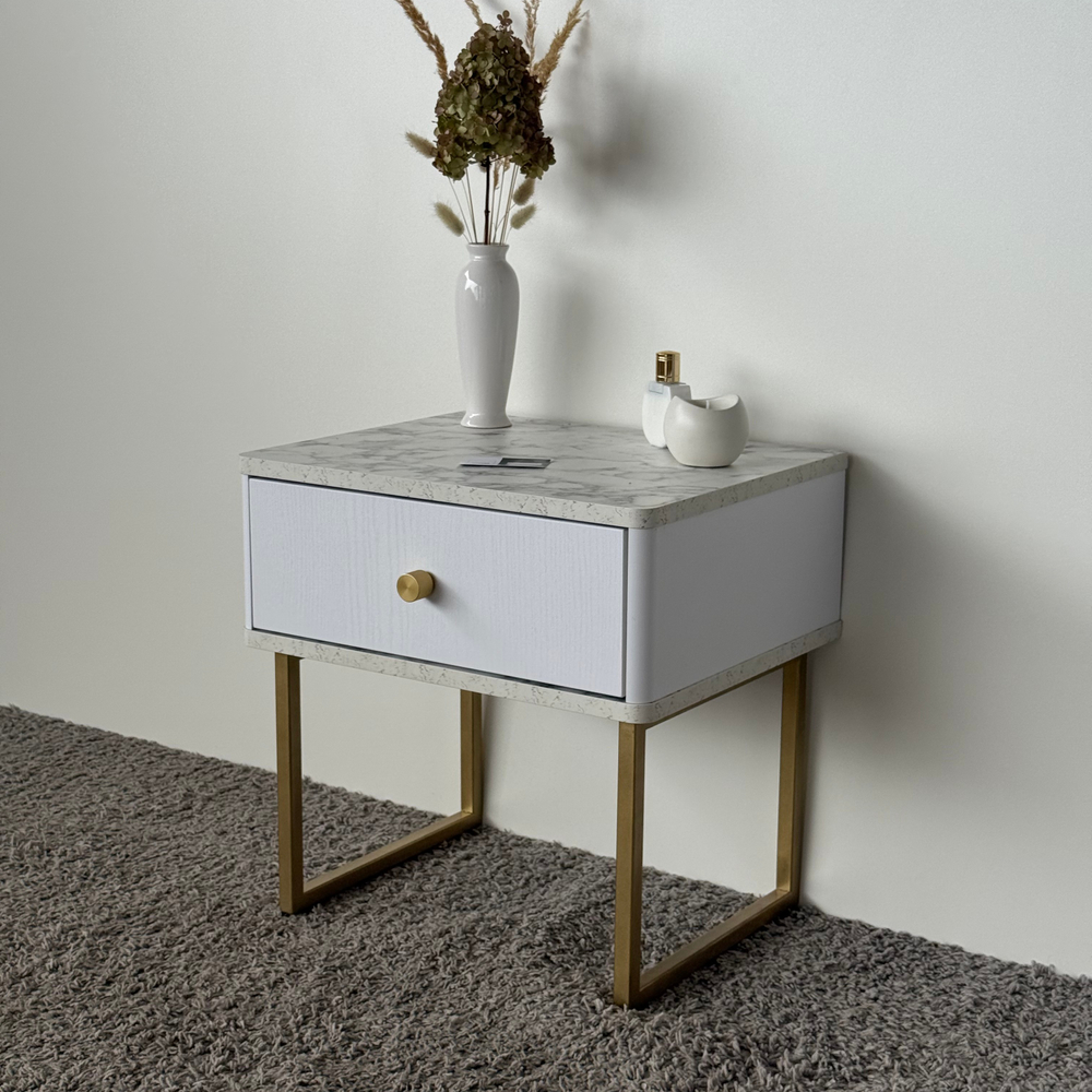 Тумба прикроватная на ножках ROYAL 5301 эко (Мрамор Каррара-Золото-р.золото)