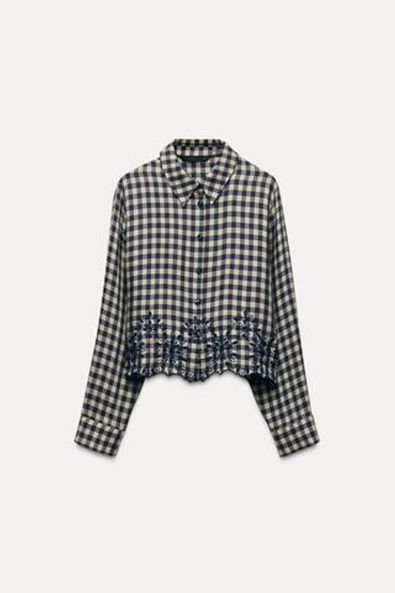 ZARA РУБАШКА В КЛЕТКУ С АЖУРНОЙ ВЫШИВКОЙ, ЭКРЮ/ТЕМНО-СИНИЙ
