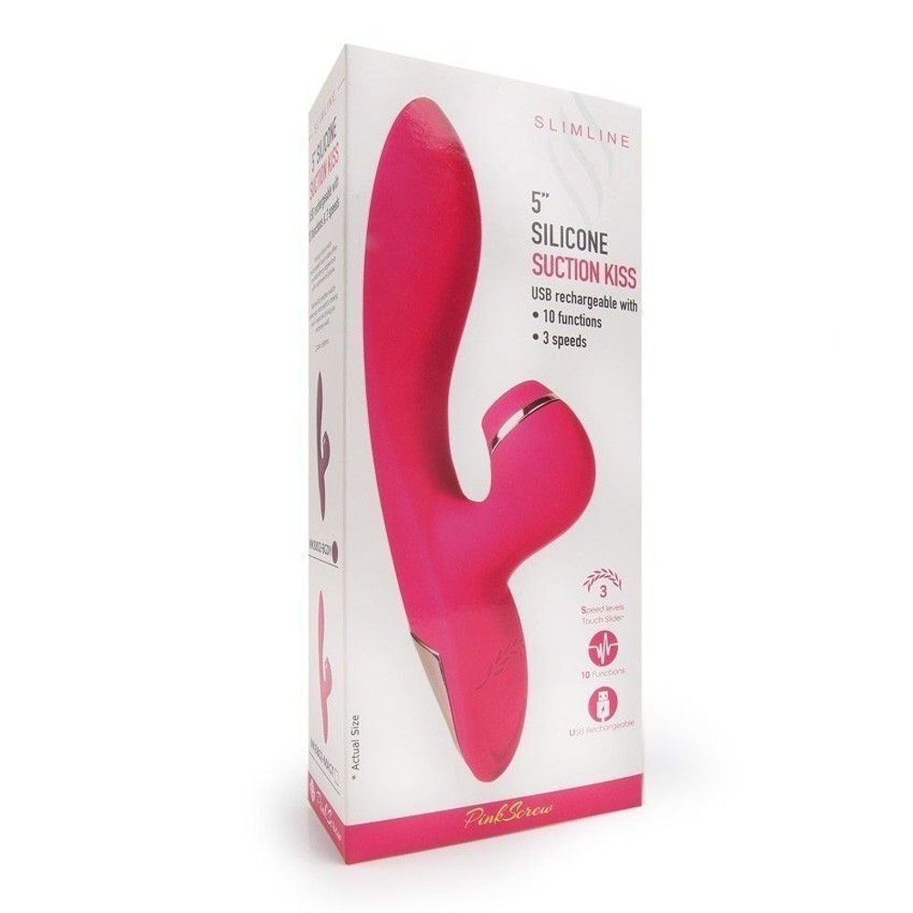 Розовый вибратор-кролик с вакуумной стимуляцией 5’’ Silicone Suction Kiss - 20,3 см. (Цвет: розовый)