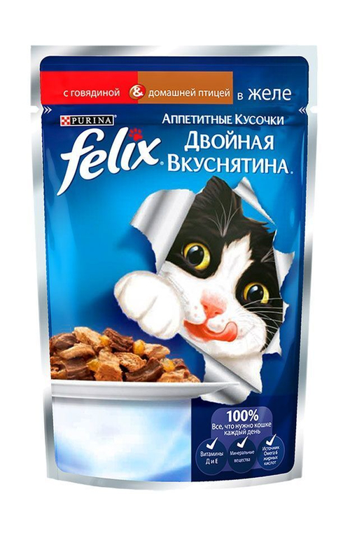 Влажный корм Felix Двойная вкуснятина для кошек, говядина птица в желе, 85 г