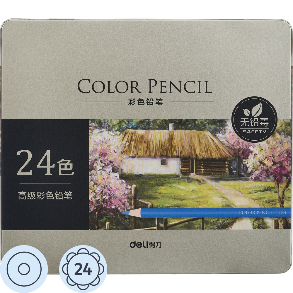 Карандаши цветные Deli липа 24 цв/наб мет.кор. 6565