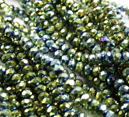 БЛ004НН23 Хрустальные бусины "рондель", цвет: зеленый металлик, размер 2х3 мм, кол-во: 95-100 шт.
