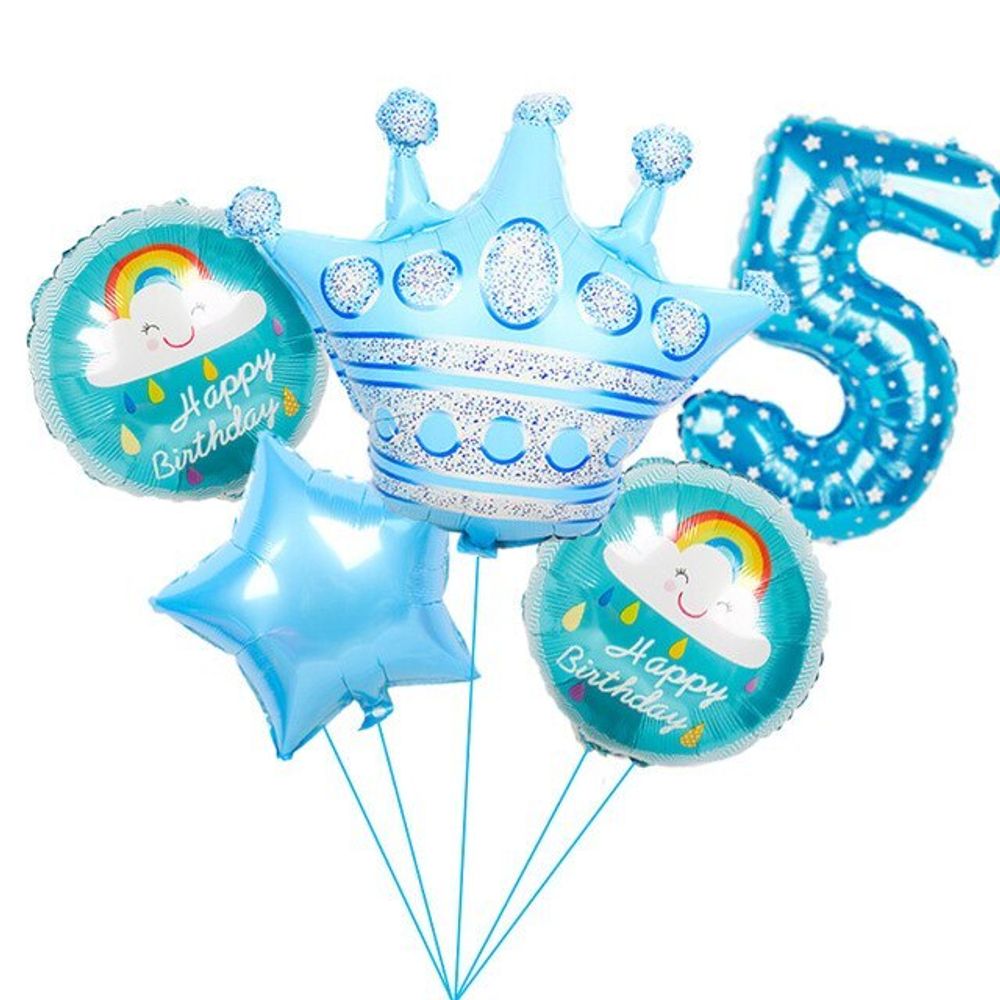 Шар (40"/102 см) Цифра, 5, Звездочки, Голубой, в упаковке 1 шт.