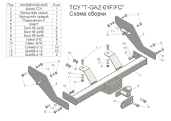 Фаркоп (со съемным шаром) для 2705 (кроме 4WD без снятия запасного колеса) арт.T-GAZ-01FC