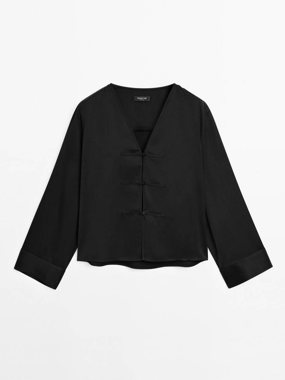 Massimo Dutti Блуза из сатина с пуговицей, черный