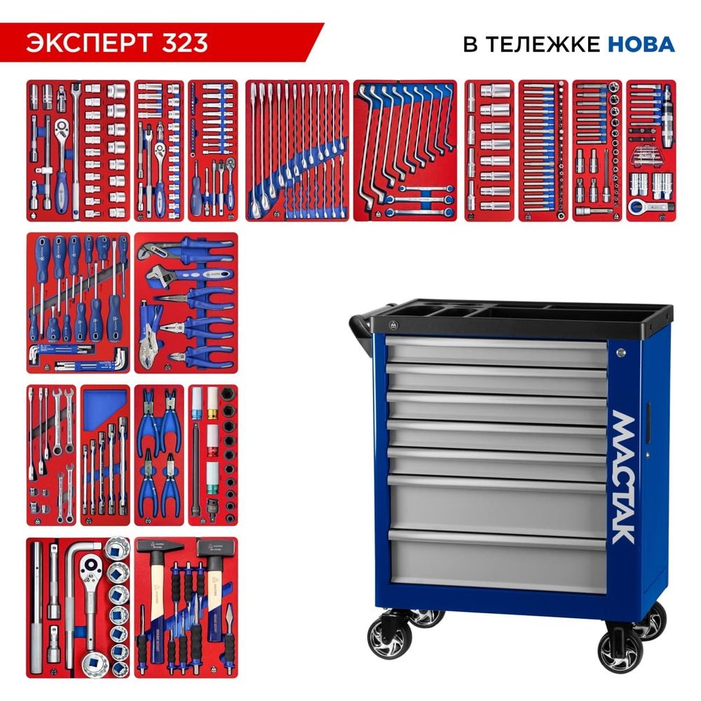 МАСТАК (50-07323B) Набор инструментов "ЭКСПЕРТ" в синей тележке, 323 предмета