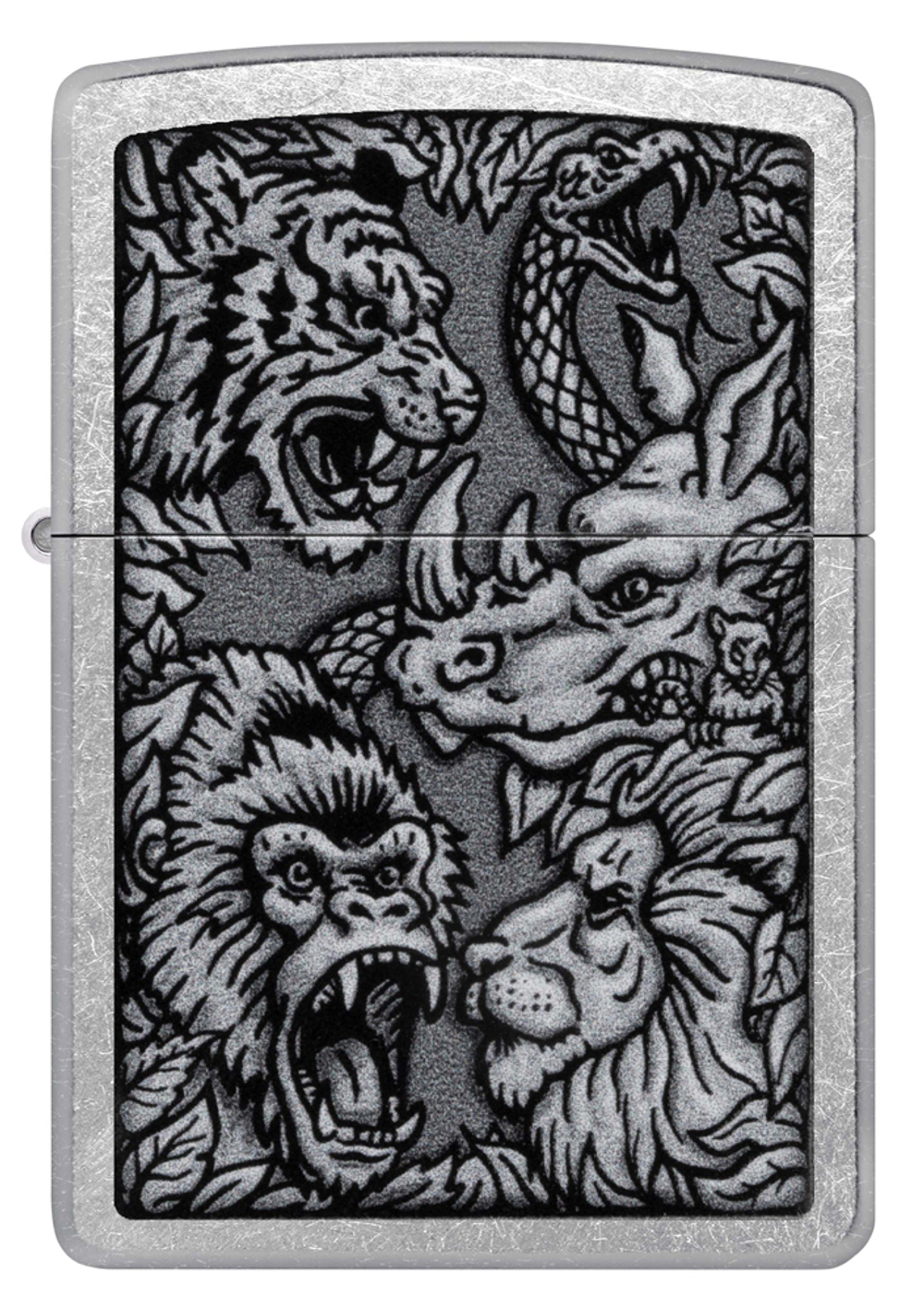 Зажигалка Zippo Jungle Design с покрытием Street Chrome, латунь/сталь, серебристая, 38x13x57 мм