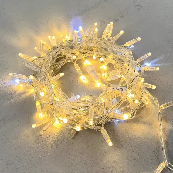 Светодиодная гирлянда с колпачком 100 теплых белых LED ламп 10 м., мерцание, 24В., прозрачный провод ПВХ, IP65, LTC (PST100BLWCAP-10-1WW)