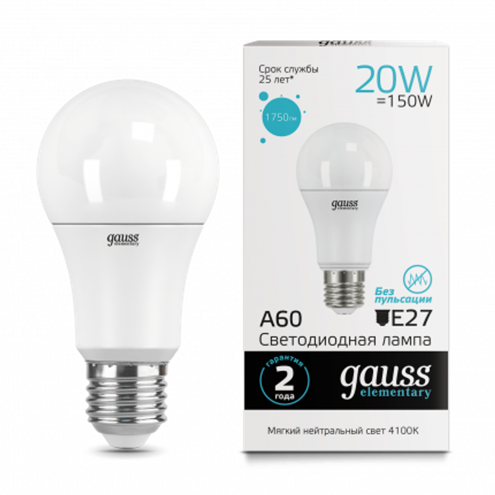 Лампа Gauss LED Elementary A60 20W E27 1600Im 4100K  23229