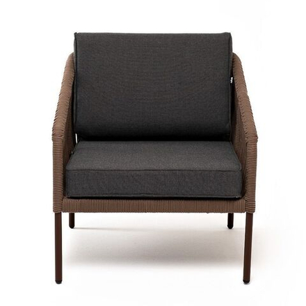 "Канны" кресло плетеное из роупа, каркас алюминий коричневый (RAL8016) муар, роуп коричневый круглый, ткань темно-серая 027
