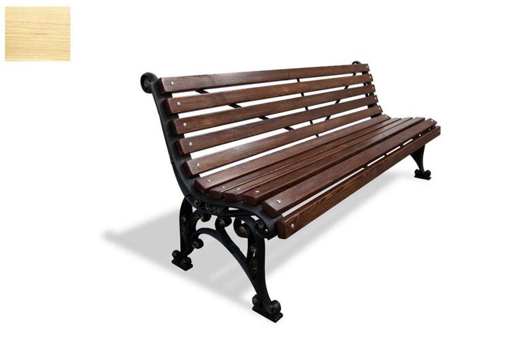 Скамейка чугунная "Удача" без подлокотников, сосна 1,5м, брус 30х60мм, лак
