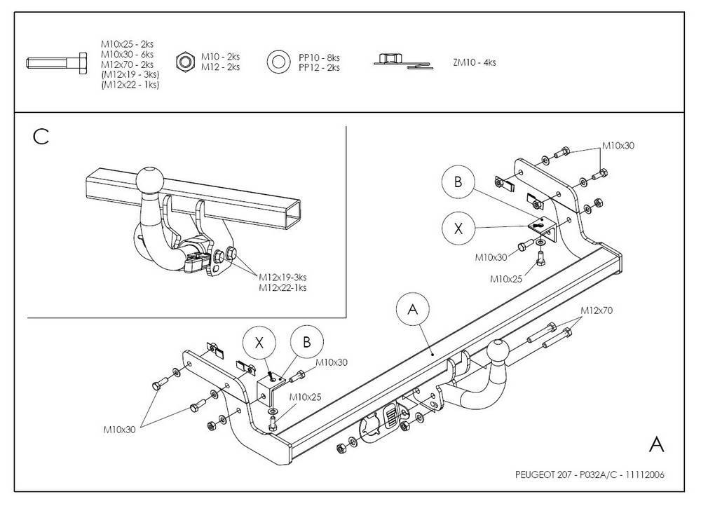 Фаркоп оцинкованный Galia P032A для Peugeot 207 хетчбек 2006-2012(паспорт и сертификат в комплекте)(без электрики)