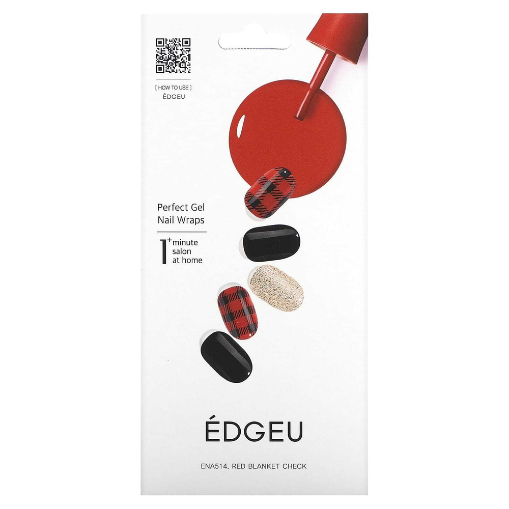 Edgeu, Perfect Gel, ногти в упаковке, ENA 514, красная клетка, набор из 19 предметов