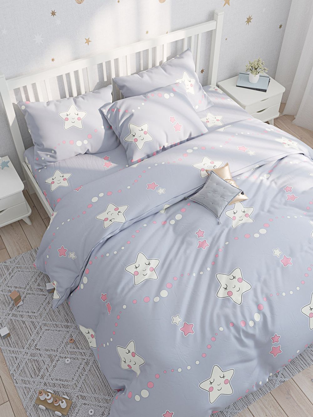 Постельное белье Сказка "Спящие звезды (серо-голубые)" евро Наволочка 50х70 см 2 шт Простынь на резинке 180х200 см Пододеяльник 200х215 см, перкаль