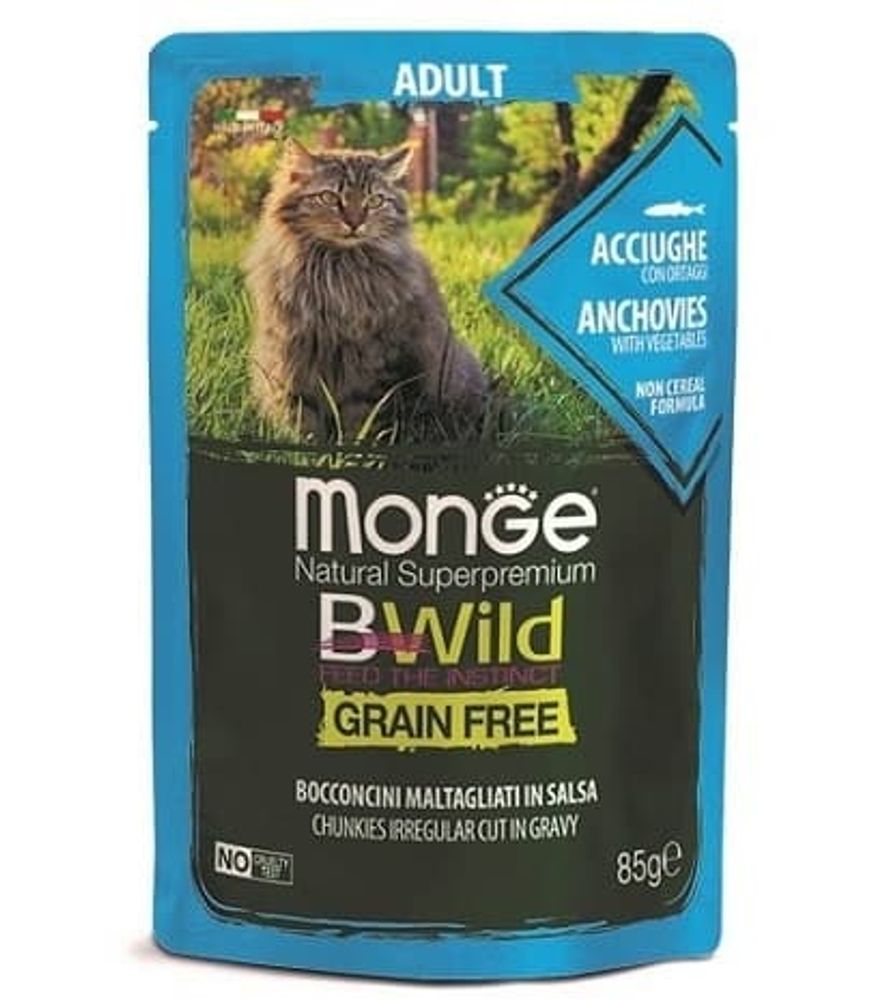 Monge Cat BWild GRAIN FREE паучи из анчоусов с овощами для взрослых кошек 85г Monge Cat BWild GRAIN FREE паучи из анчоусов с овощами для взрослых кошек 85г