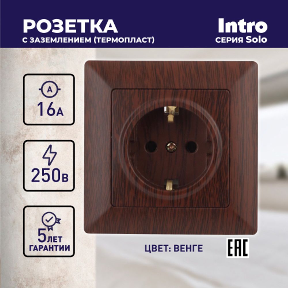 Розетка Intro Solo 4-202-10 с заземлением 2P+E Schuko, 16А-250В, IP20, СУ, венге