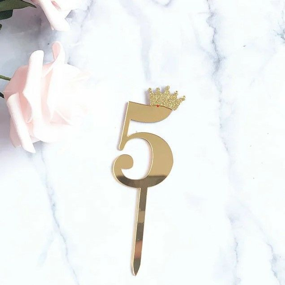 Топпер акриловый  «Цифра 5» (6,2 см,  золотой)