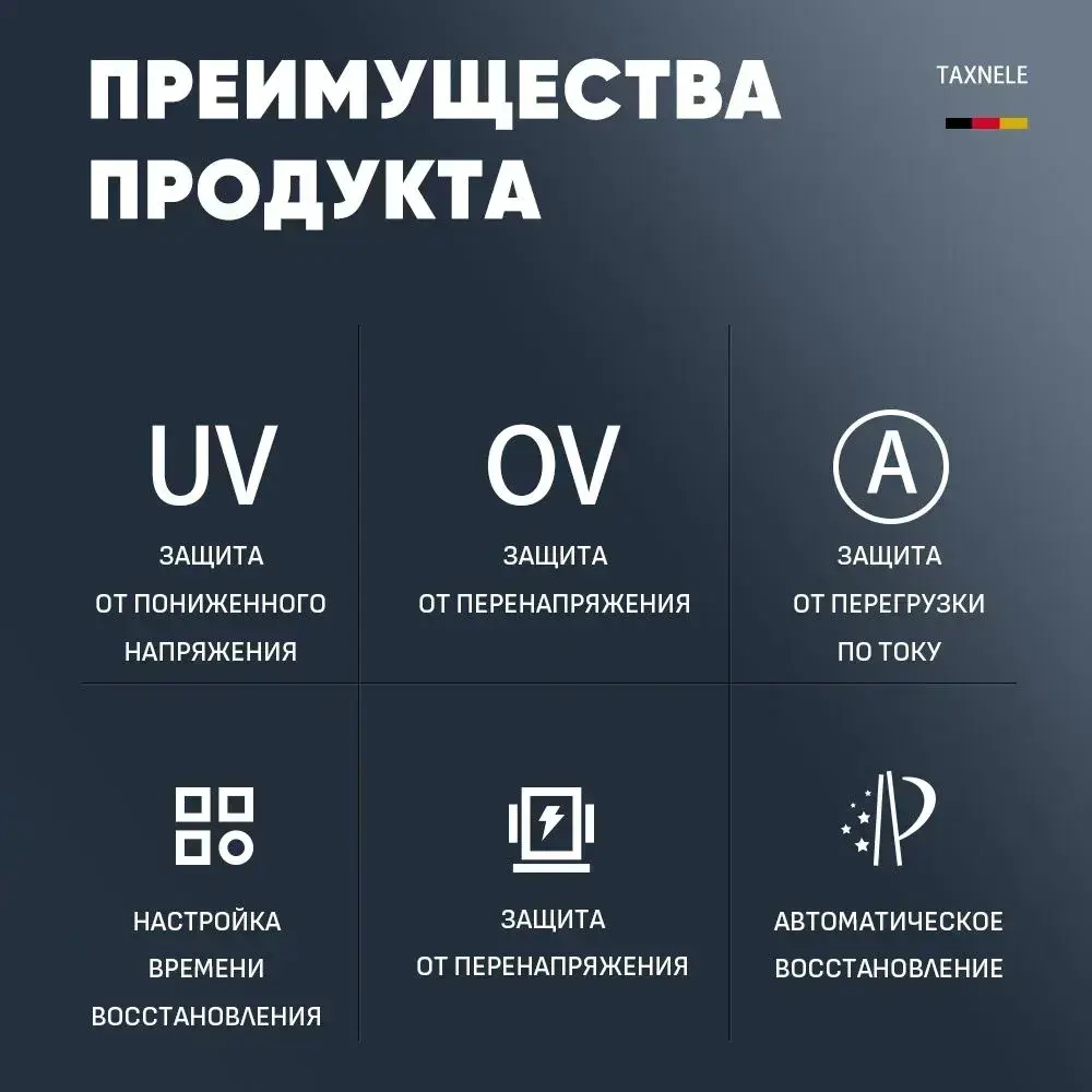 Реле контроля напряжения в розетку с защитой по напряжению и току (16А) / Автоматический выключатель TAXNELE 1P 16А для защиты бытовых приборов от скачков и перегрузки по току