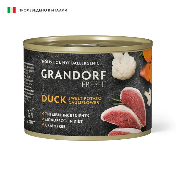 Консервы GRANDORF FRESH для собак, паштет из утки с бататом и цветной капустой