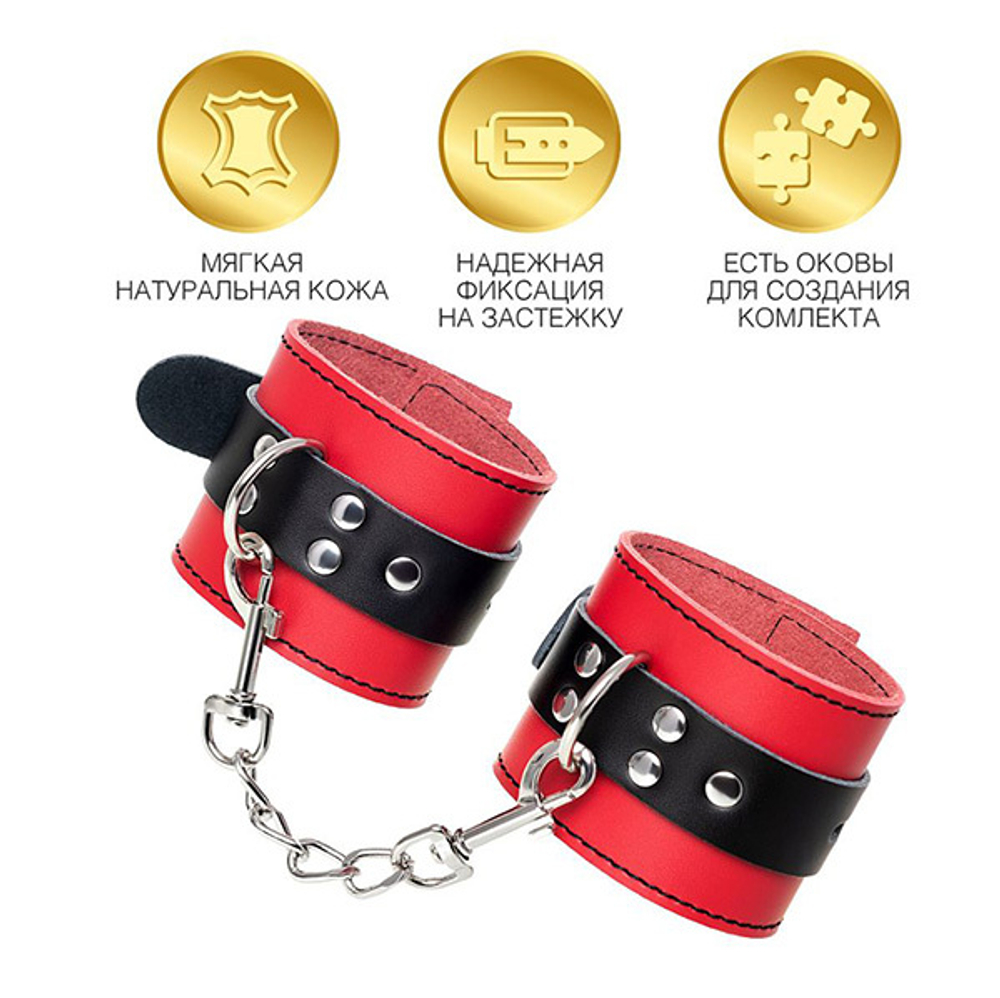 Красно-черные кожаные наручники со сцепкой ToyFa Theatre 701007