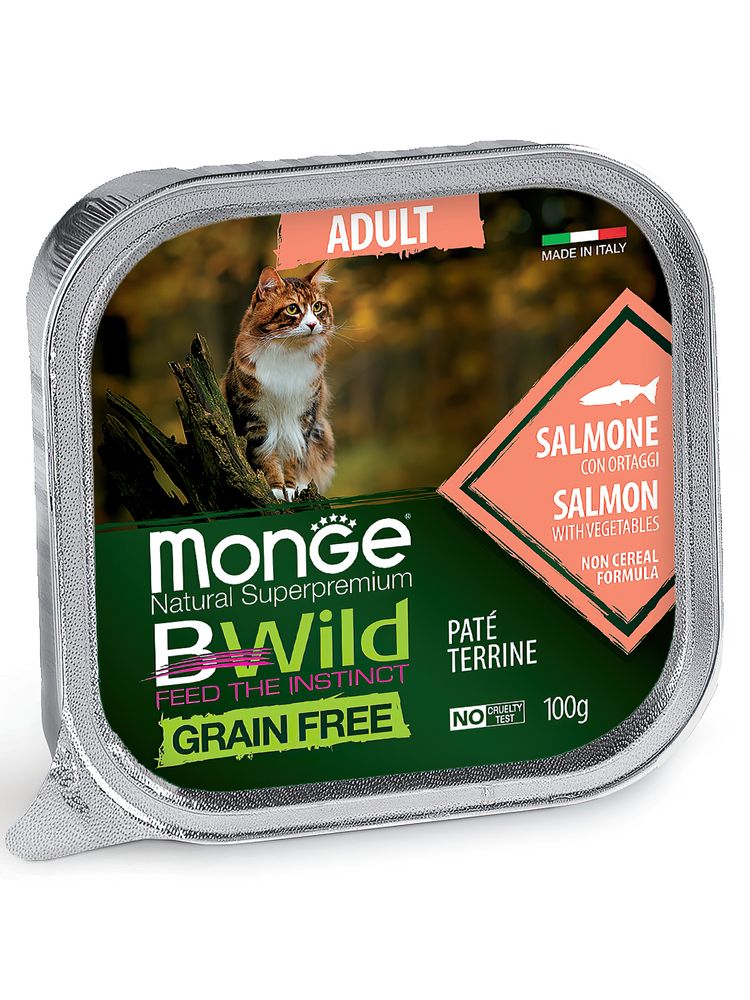 Влажный корм Monge Cat BWild GRAIN FREE для кошек, беззерновой, из лосося с овощами 100 г