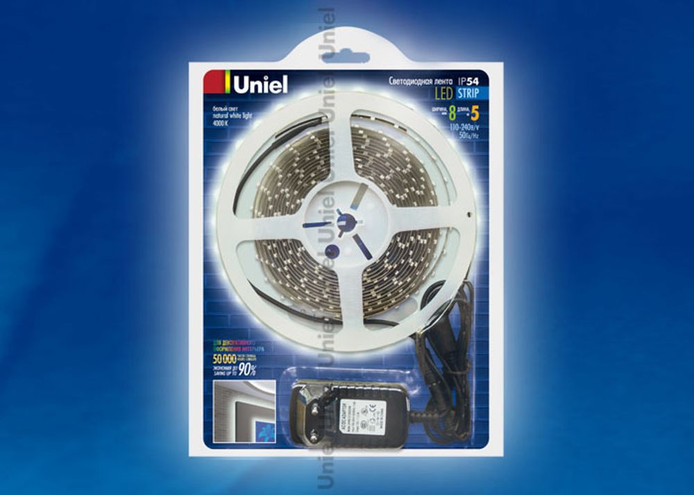 ULS-3528-60LED/m-8mm-IP54-DC12V-NW Лента светодиодная UNIEL. Серия «Готовые решения» - катушка 5 м в блистере. В комплекте с адаптером. IP54. Белый св