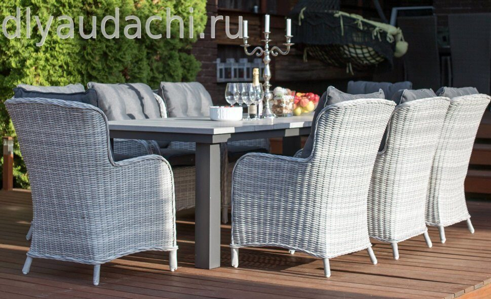 Обеденный комплект стол ПАРКЛЭНД  + 8 кресел из искусственного ротанга БЕРГАМО (цвет серый/коричневый)