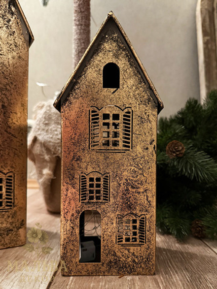 Подсвечник "Домик" средний античное золото 11,5x11,5xH26 см