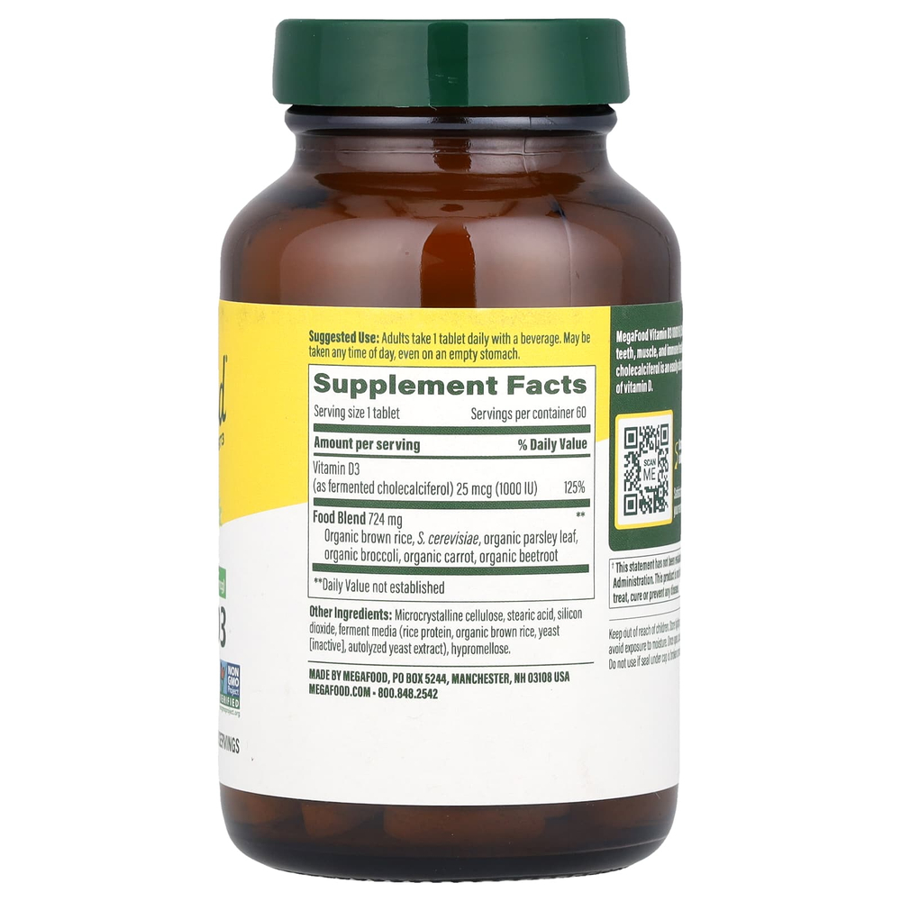 MegaFood, Витамин D3, 25 мкг (1000 МЕ), 60 таблеток