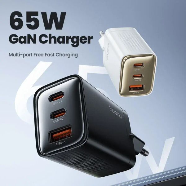 Адаптер питания Toocki 65Вт GAN Fast Charger (2 Type-C + USB-A) Белый