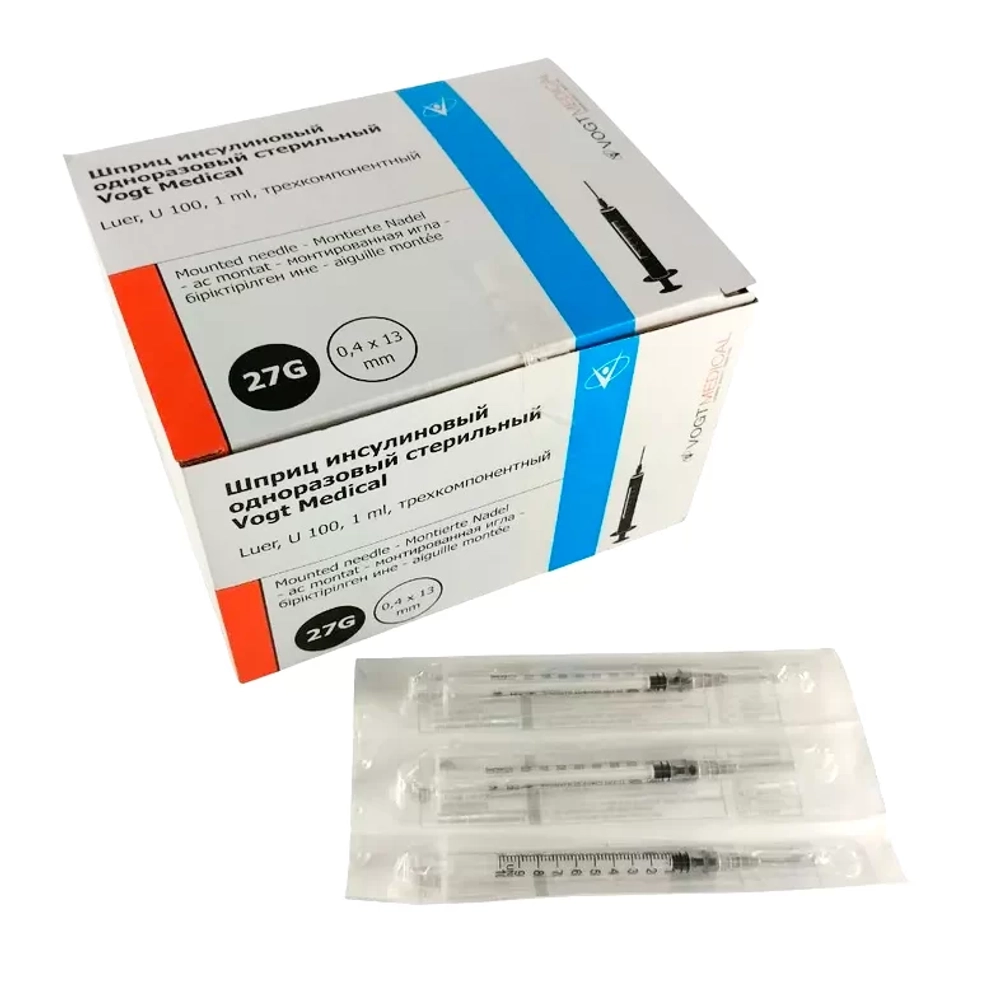 Шприц 1мл (3-комп) ИНСУЛ. U-100 надетой иглой 27G (0,4х13 мм.)(100шт/уп) Vogt Medical