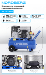 Компрессор поршневой с ременной передачей 220 В, ресивер 50 л, 446 л/мин NORDBERG NCE50/480