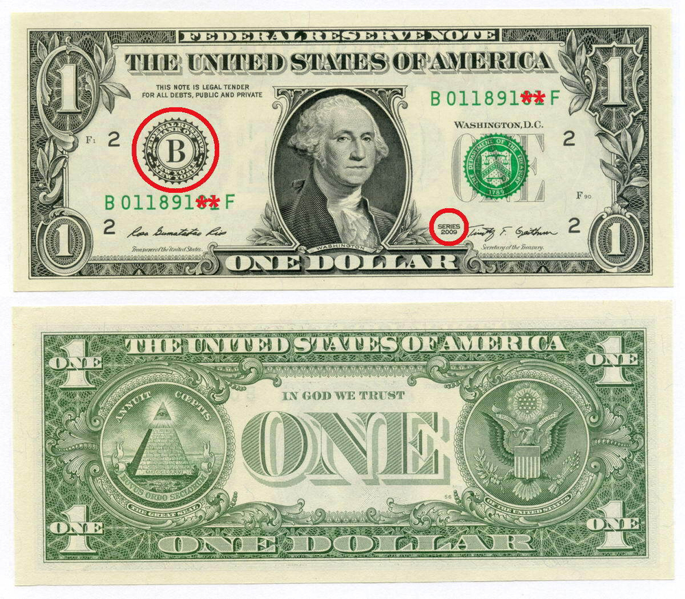 Банкнота США 1 доллар 2009 B 01189114 F (Нью-Йорк). UNС