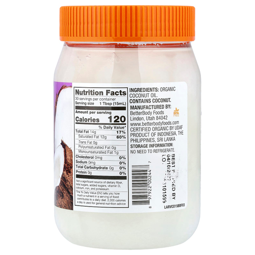 BetterBody Foods, Органическое кокосовое масло первого отжима, 458 мл (15,5 жидк. унц.)