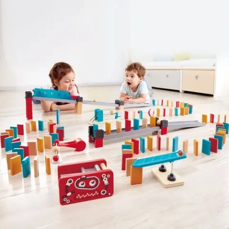 Настольная игра для детей "Падающее домино" игровой набор "Фабрика роботов" 122 элемента