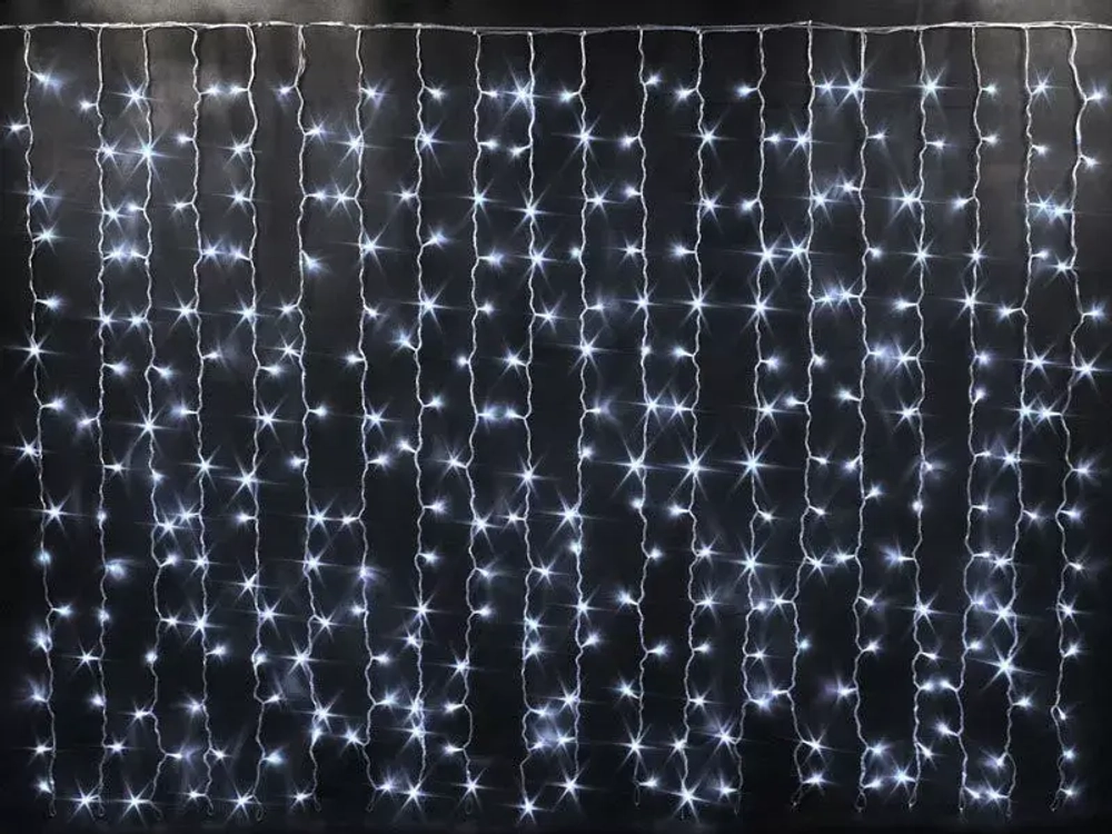 Светодиодный облегченный занавес 2*1.5 м., 220V, 300 холодных белых LED ламп, прозрачный ПВХ провод, Rich LED (RL-CS2*1.5-T/W)