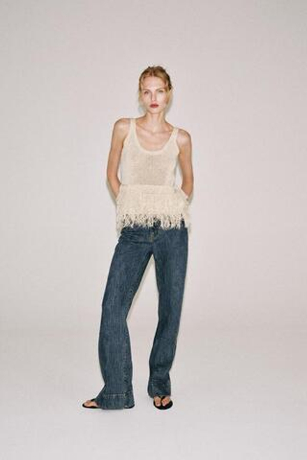 ZARA ТРИКОТАЖНЫЙ ТОП С БАХРОМОЙ, ЭКРЮ