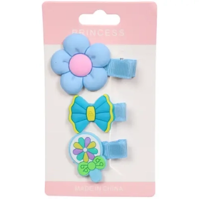 Зажимы для волос детские 3шт на блистере «РОЗОВЫЙ МИР», цветочек, цвет голубой, 5*3,5см (пакет с подвесом)