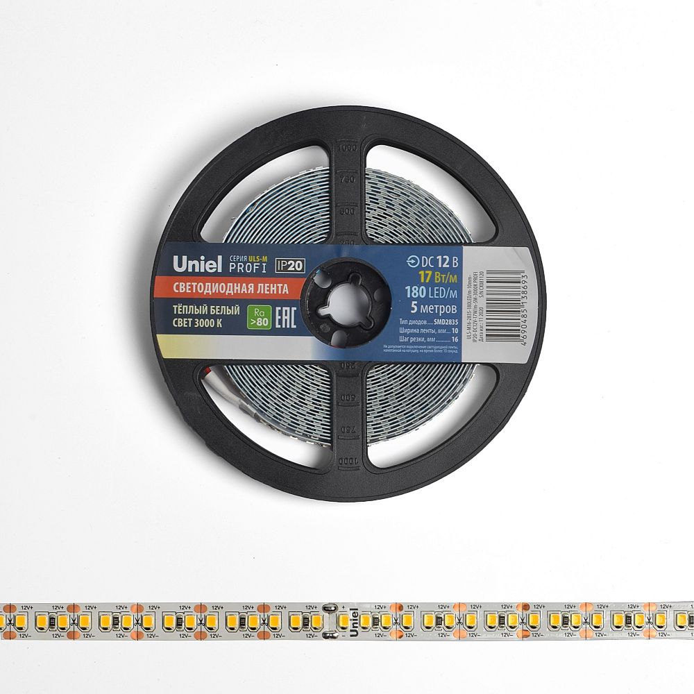 ULS-M16-2835-180LED-m-10mm-IP20-DC12V-17W-m-5M-3000K PROFI Гибкая светодиодная лента на самоклеящейся основе. Катушка 5м. в герметичной упаковке. Теплый белый свет3000К. ТМ Uniel