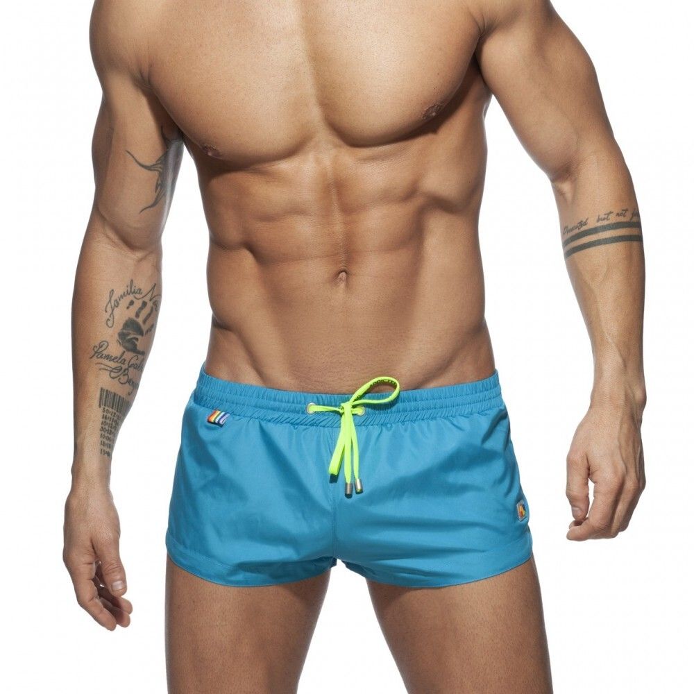 Мужские пляжные шорты голубые с разноцветным карманом Addicted