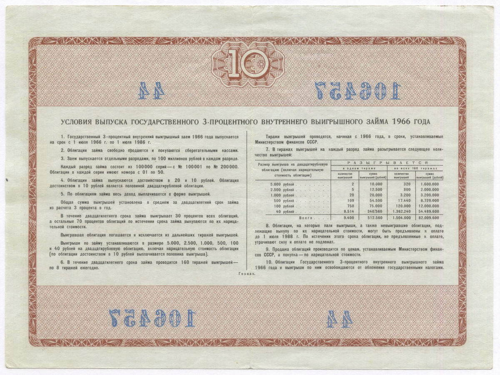 Облигация 10 рублей 1966 год. Серия № 106457. VF