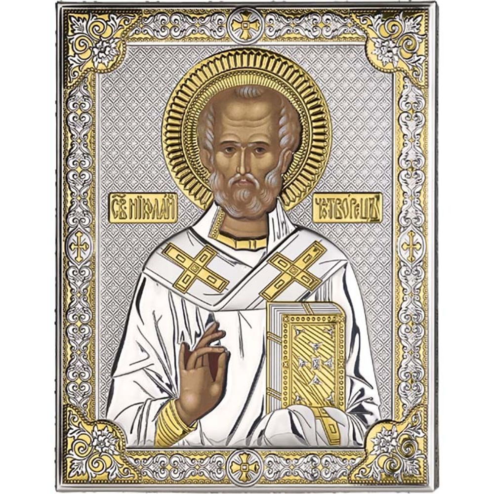 Икона Николая Угодника в серебряном окладе.