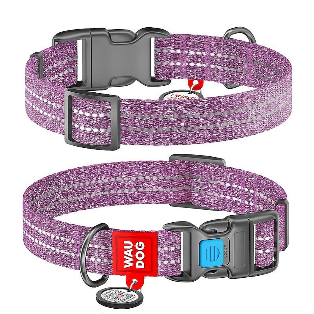 Ошейник для собак WAUDOG Re-cotton с QR, светоотр., пласт. застежка, Ш-25мм, Дл 35-58см, Фиолетовый