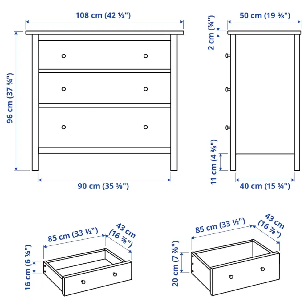 Комод с 3 ящиками - IKEA HEMNES, 96x108 см, белый, ХЕМНЭС ИКЕА